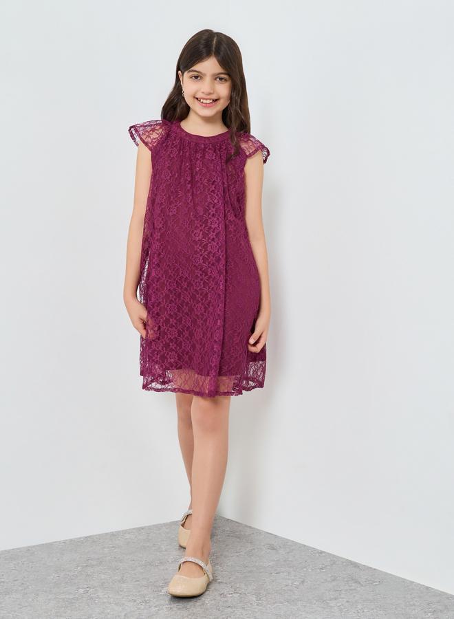 Styli Girls Burgundy Lace Short Sleeve Dress - Image 4
